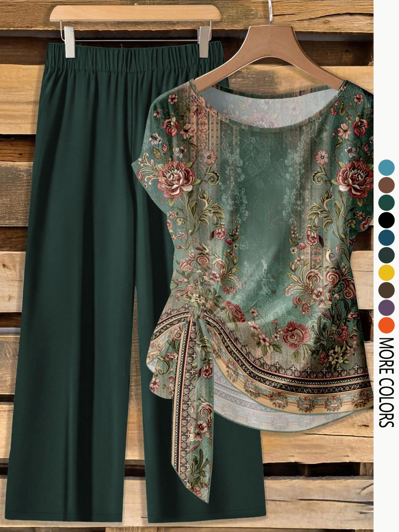 Women's Casual Printed Necktie Shirt and Loose Straight Pants Set, Perfect for Spring and Summer, Comfortable Two-Piece
