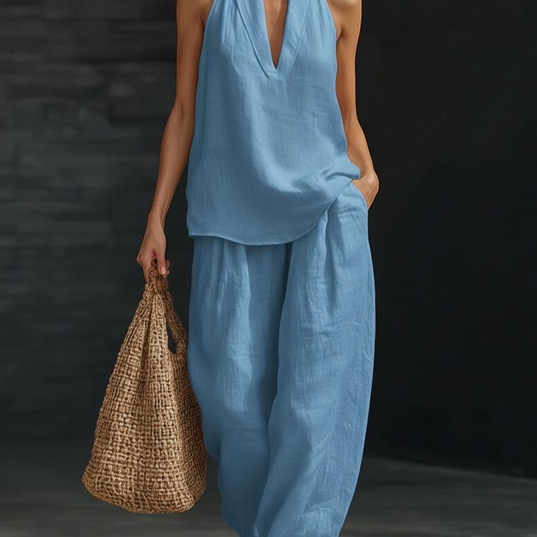 Boho Linen Two Piece Set - Perfect for Beach, Vacation & Brunch! Halter Neck Sleeveless Top Wide Leg Pants Set # TwoPieceSet # LinenSet # WideLegPants # HalterNeck # SummerOutfit # BohoFashion # CasualWear # Outfit of the Day # WomensFashion