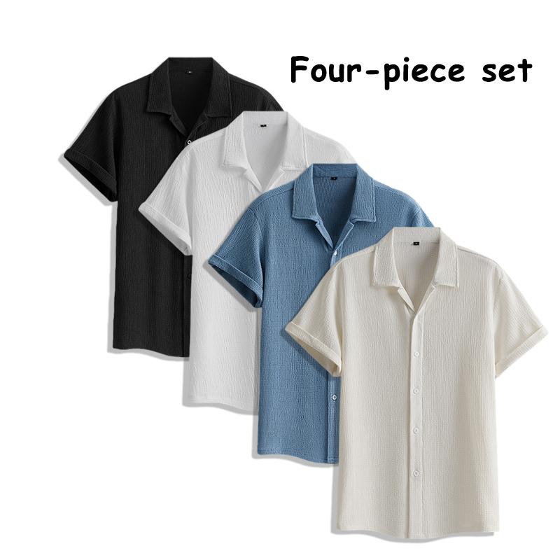 Men&rsquo;s Summer Lightweight Breathable Solid Color Short-Sleeve Dress Shirts with Turn-Down Collar for Commuting, 4-Pack