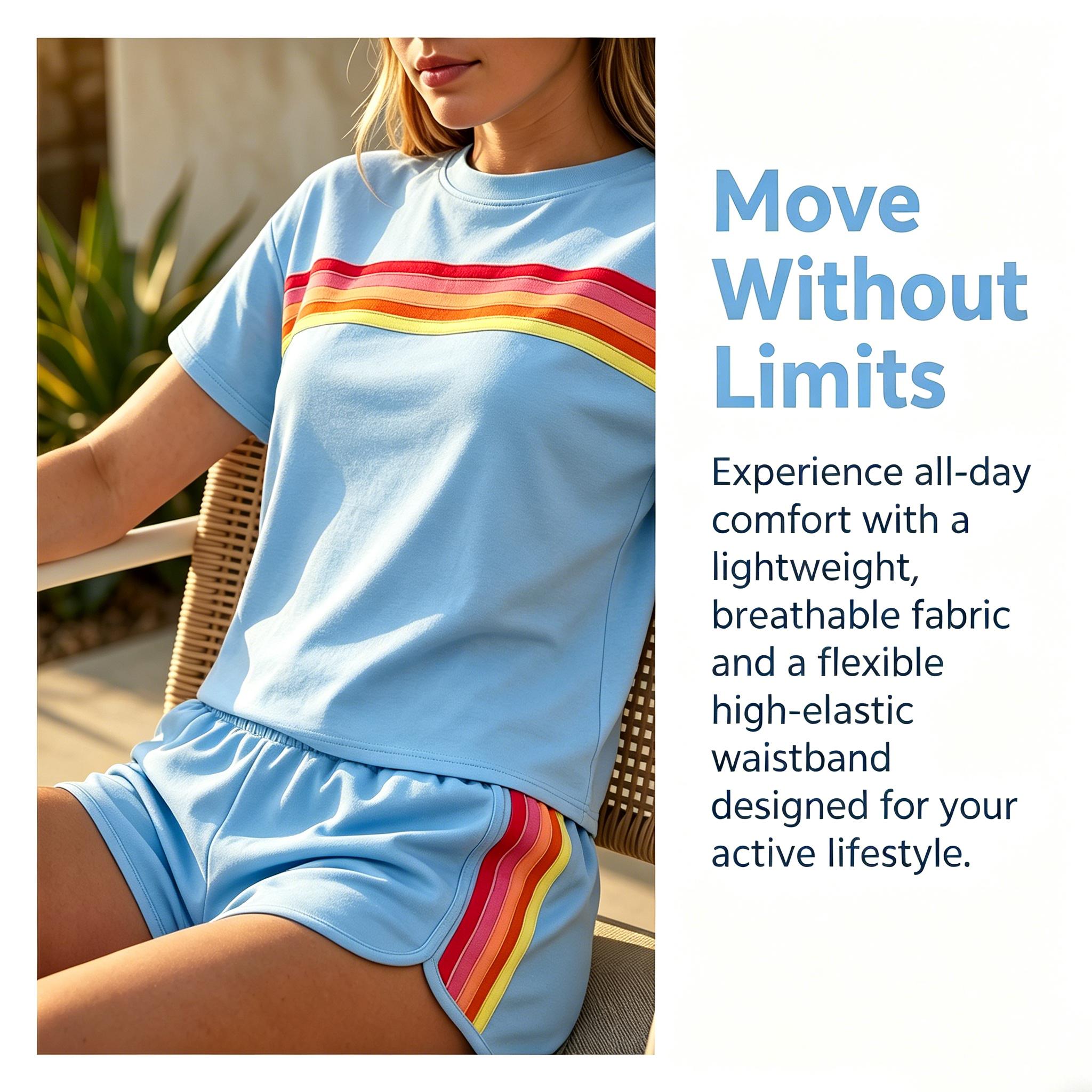 Women's Short 2-Piece Rainbow Strip Outdoor Sportswear Set - Loose Fit Crop Top & Bottoms, Solid Round Neck, Short Sleeves, Lightweight Breathable Blend Clothing, Baby Blue, Baseball Use, Light Spandex Women's Clothes tiktokshopspringglowup, 2 Piece Sets,