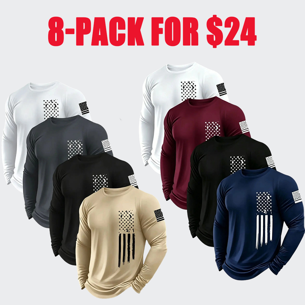 Men's Round Neck Long Sleeve T-Shirts, Casual Knitwear Top, Slight Stretch, Flag Print, Quick Dry, Gym, Running, Outdoor Activities