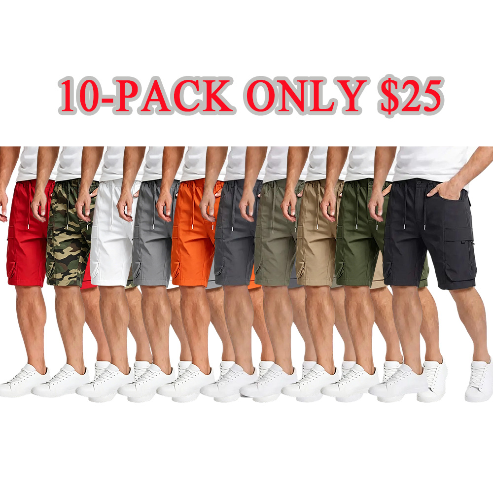 Men’s casual cargo shorts with zippered pockets and a buttoned placket