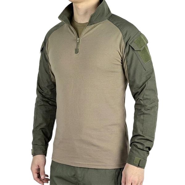 Men&rsquo;s long-sleeve top with a half zipper and stand collar, available in six colors; camouflage color-block design, stretchy and breathable for outdoor wear.