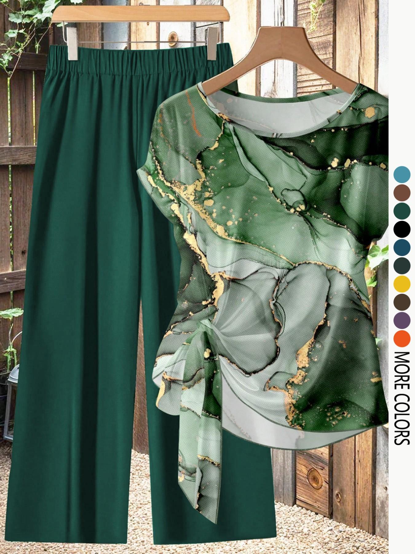 Women's Casual Printed Necktie Shirt and Loose Straight Pants Set, Perfect for Spring and Summer, Comfortable Two-Piece