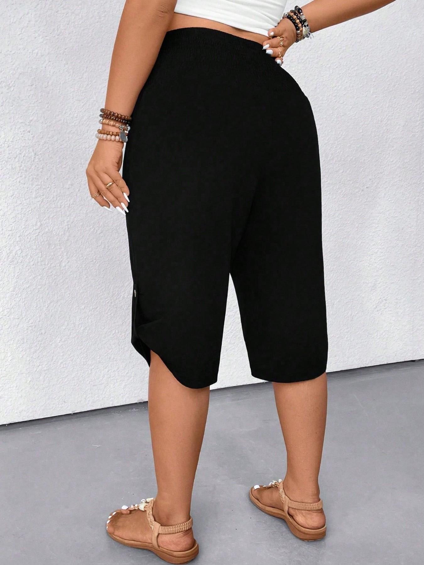 Women's Casual Tummy Control High Waist Fitted Wide Leg Capri Pants Smocked Waist Button Hem Loose Fit Cropped Trousers Summer Shorts Beach Vacation Lounge Daily Work Outfits Solid Black Stretchy Soft Breathable Lightweight Spring Break 2026 Plus Size Women's Casual Tummy Control High Waist Fitted Wide Leg Capri Pants Smocked Waist Button Hem Loose Fit Cropped Trousers Summer Shorts Beach Vacation Lounge Daily Work Outfits Solid Black Stretchy Soft Breathable Lightweight Spring Break 2026 Plus Size
