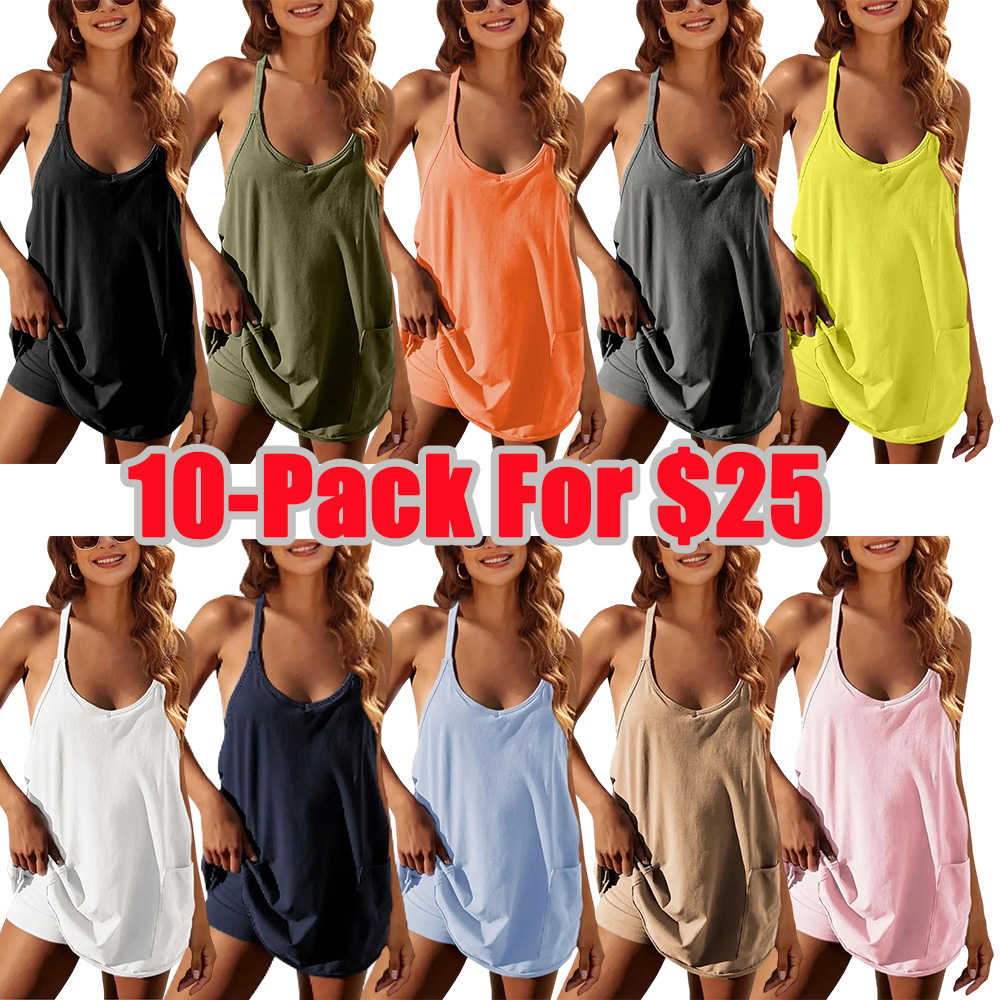 Women's Summer Sleeveless Mini Dress V Neck Spaghetti Straps Athletic Built-in Shorts Sundress SummerVibes