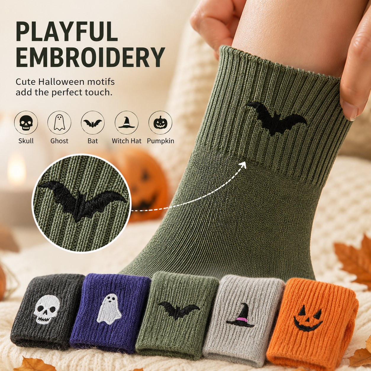 Dark charcoal skull embroidered mid calf sock option