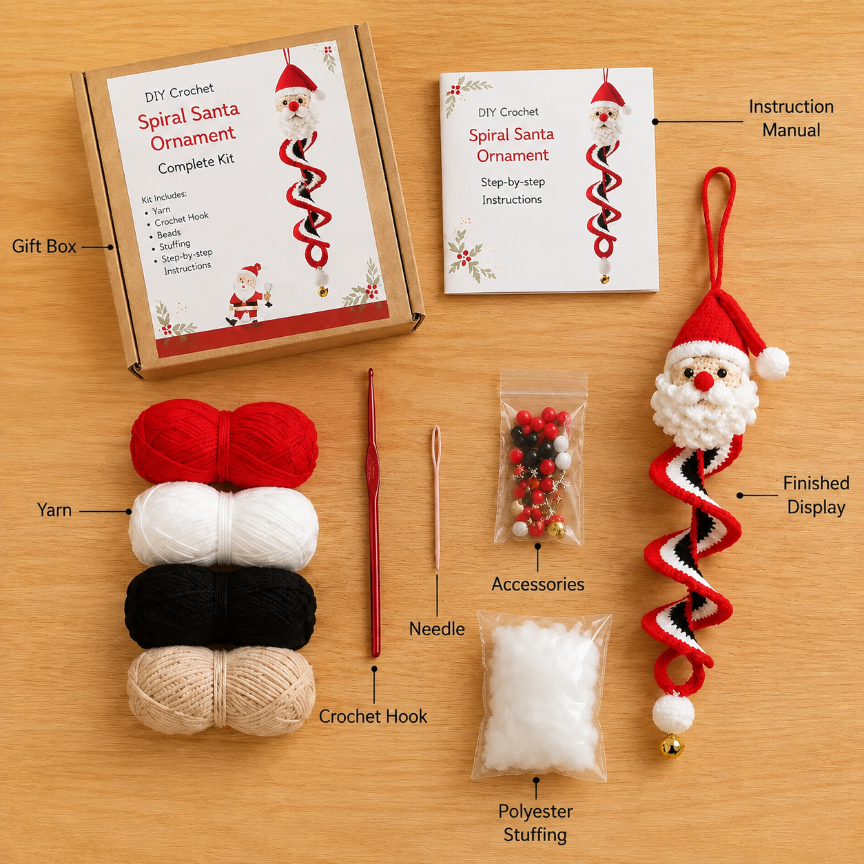 Crochet Christmas ornament kit contents
