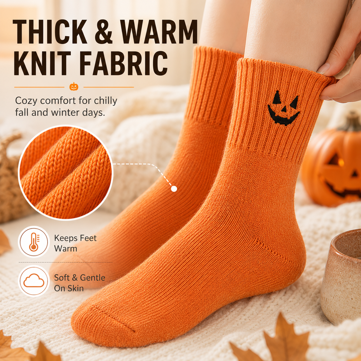 Orange pumpkin and green bat socks laid flat side by side