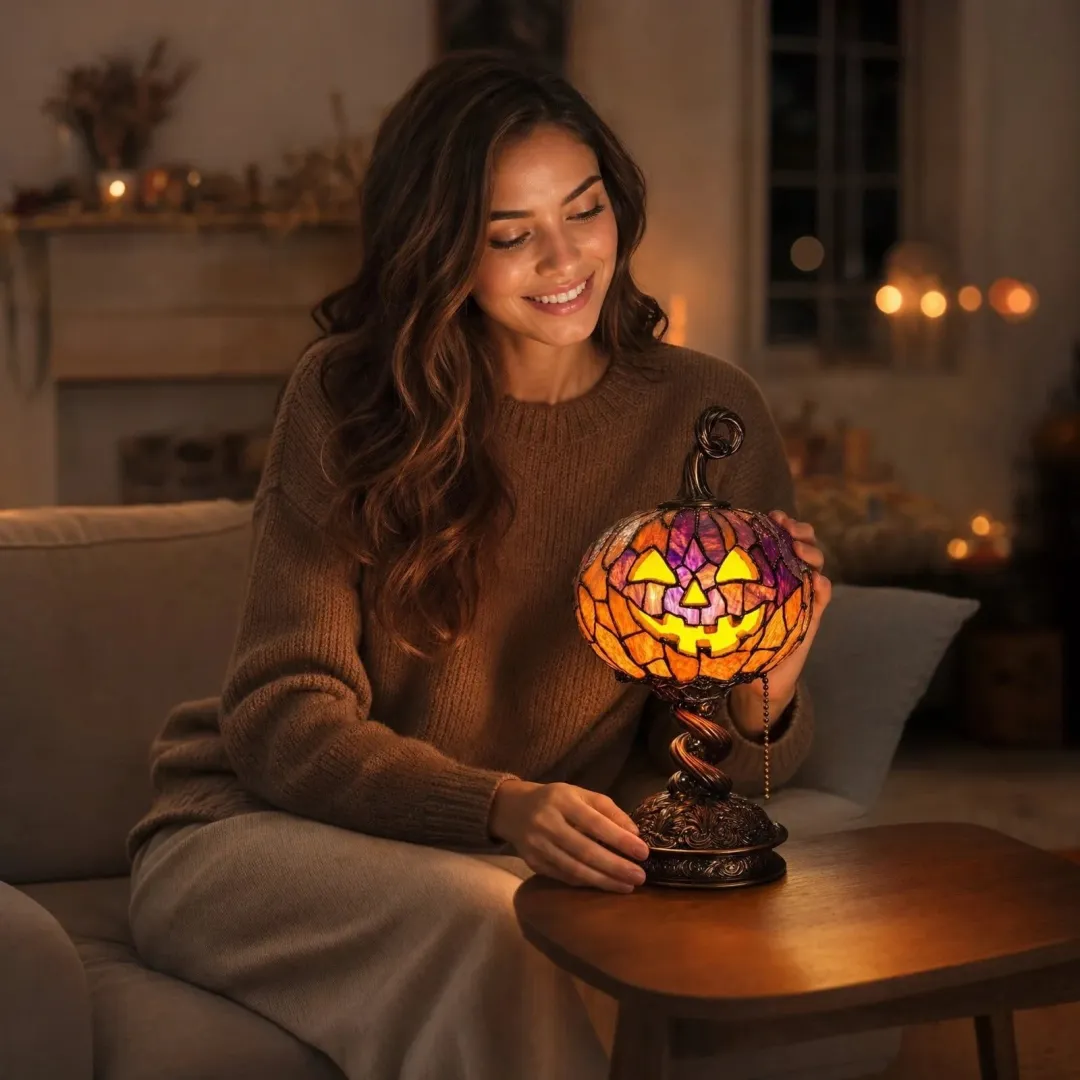 Halloween Stained Glass Style Pumpkin Table Lamp