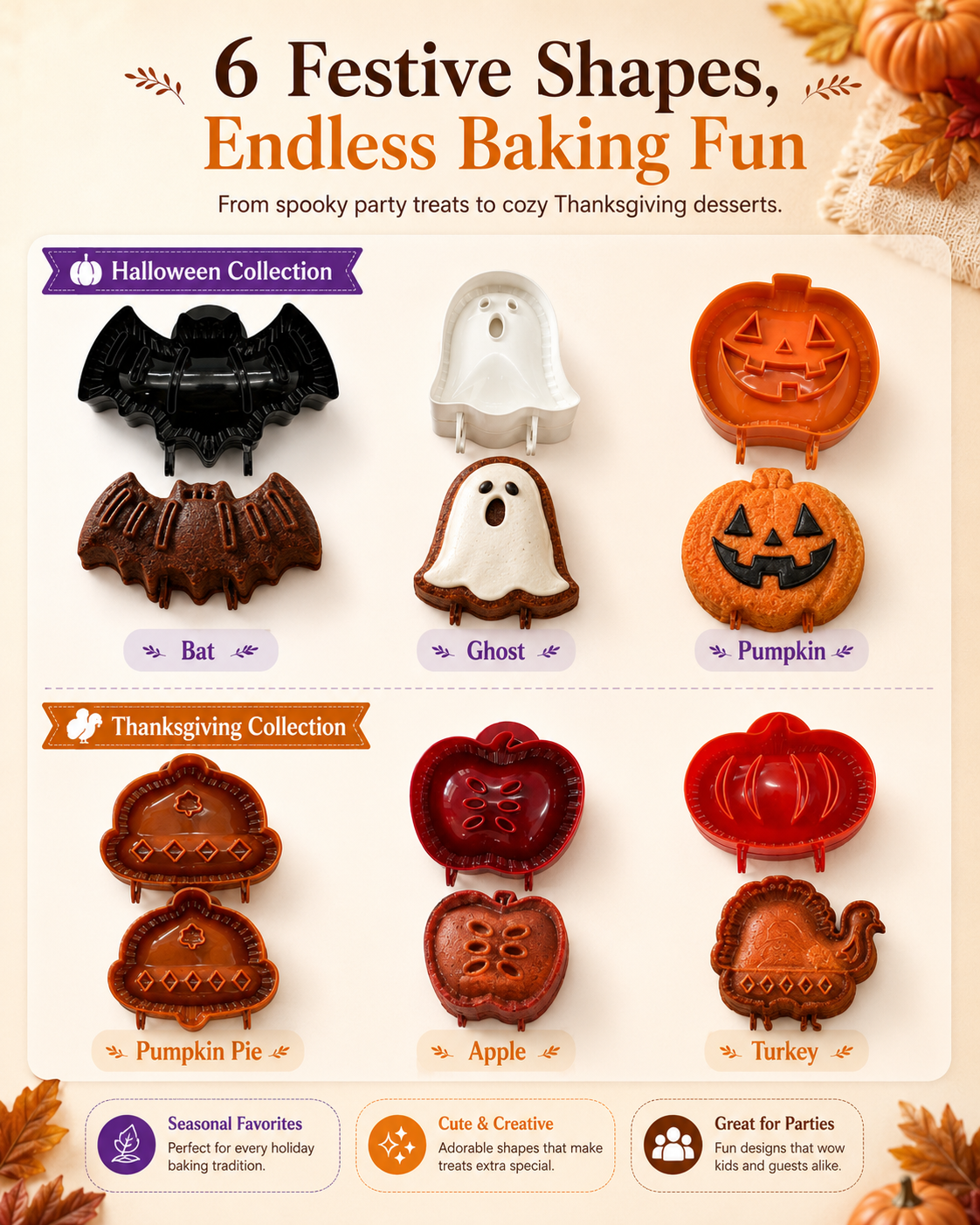 Six festive seasonal baking mold designs including pumpkin apple hazelnut bat ghost and jack-o-lantern
