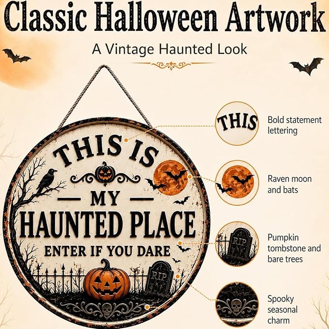 "This Is My Haunted Place" Round Hanging Sign & Cute Spooky Doormat