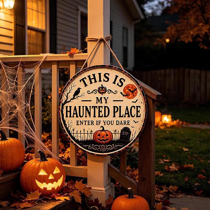 "This Is My Haunted Place" Round Hanging Sign & Cute Spooky Doormat