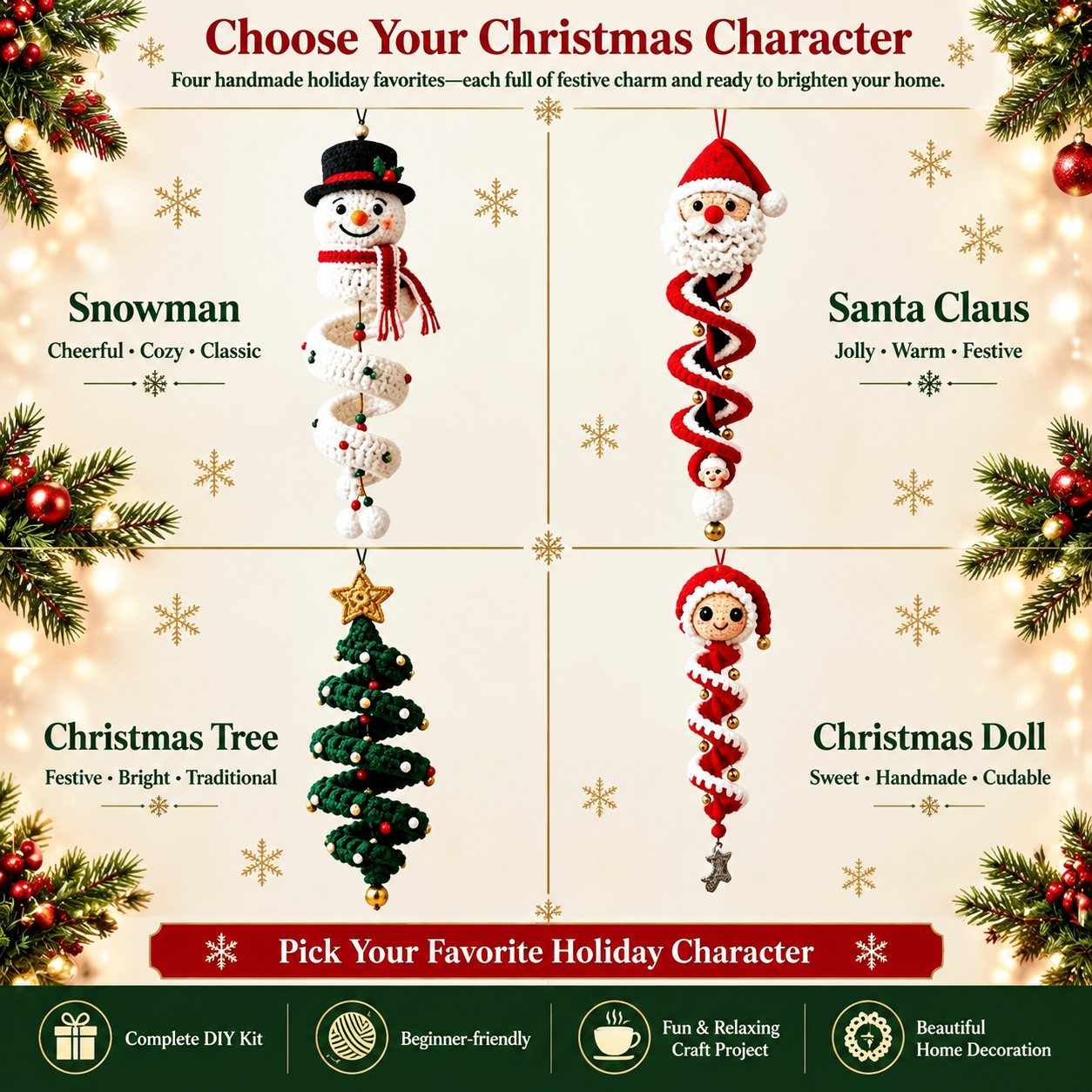 Four crochet Christmas ornament characters