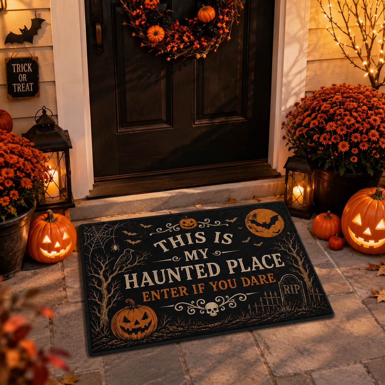 "This Is My Haunted Place" Round Hanging Sign & Cute Spooky Doormat