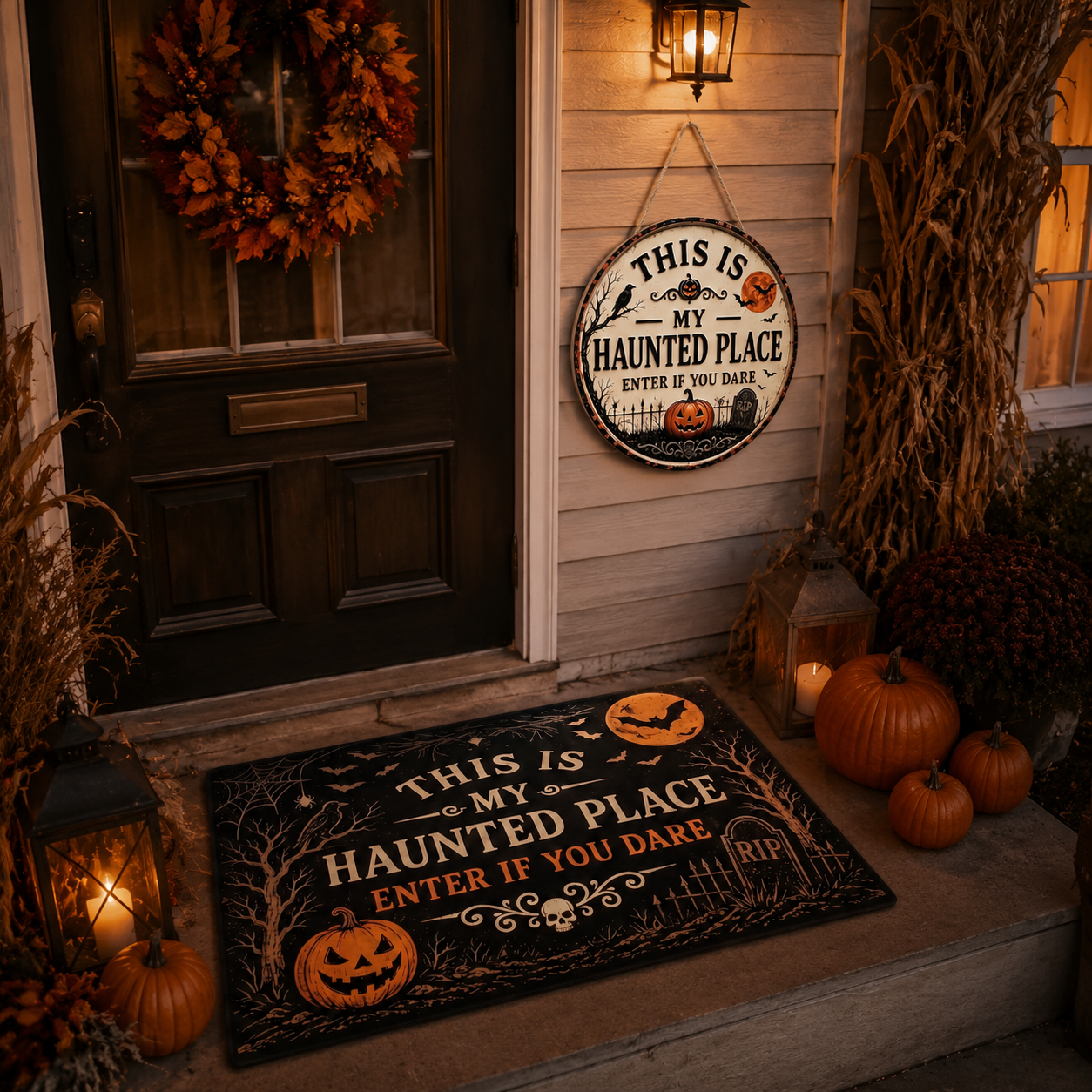 "This Is My Haunted Place" Round Hanging Sign & Cute Spooky Doormat