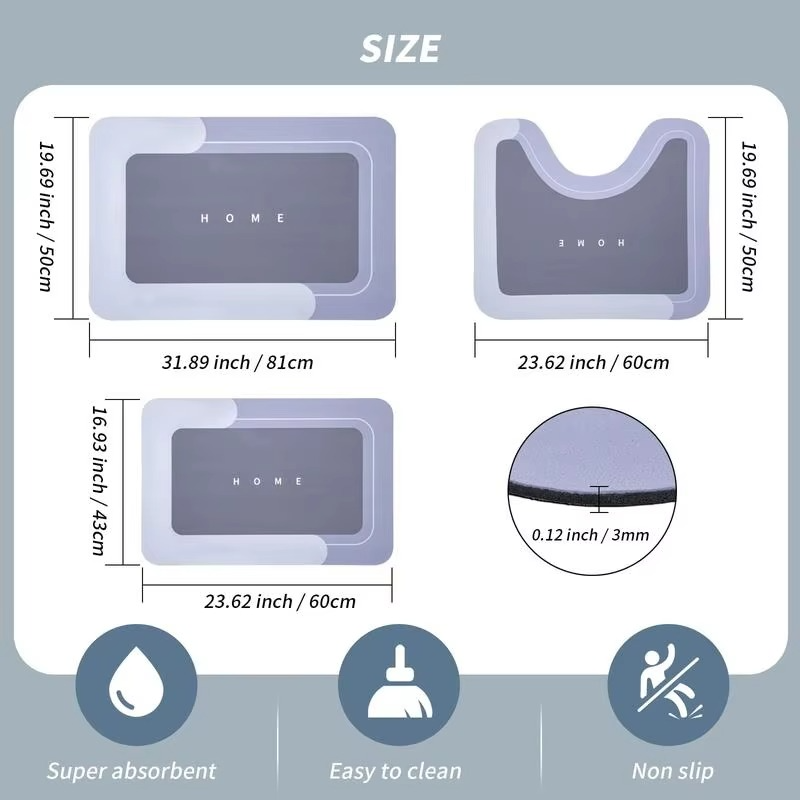 👣3-Piece Anti-Slip Bathroom Mat Set – Quick-Dry U-Shaped Toilet & Floor Mats