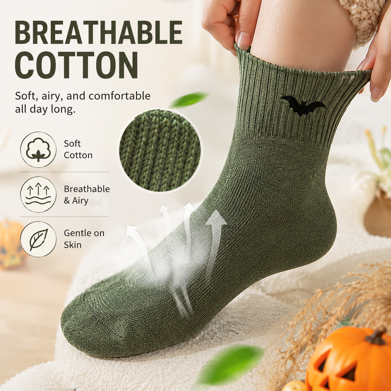 Purple ghost socks paired with casual autumn outfit
