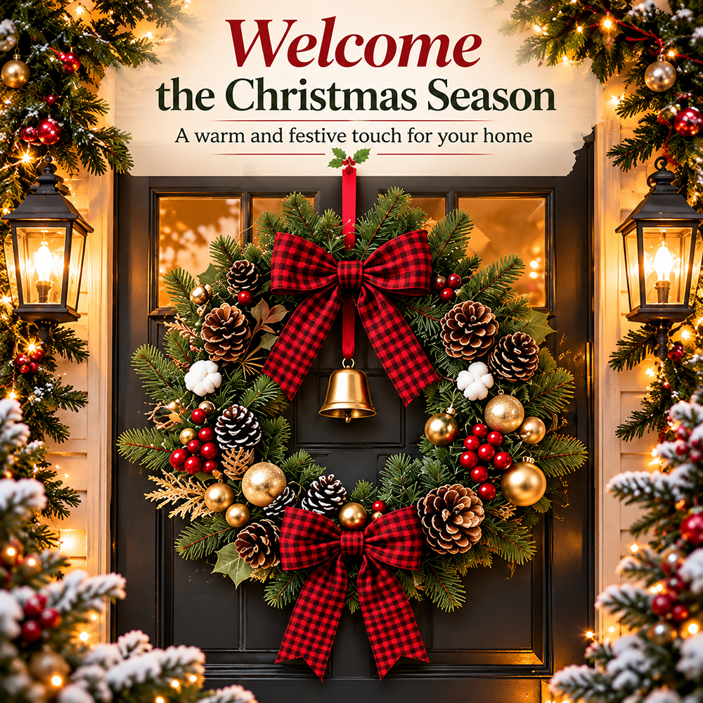 Christmas Buffalo Plaid Pinecone Wreath with Bell