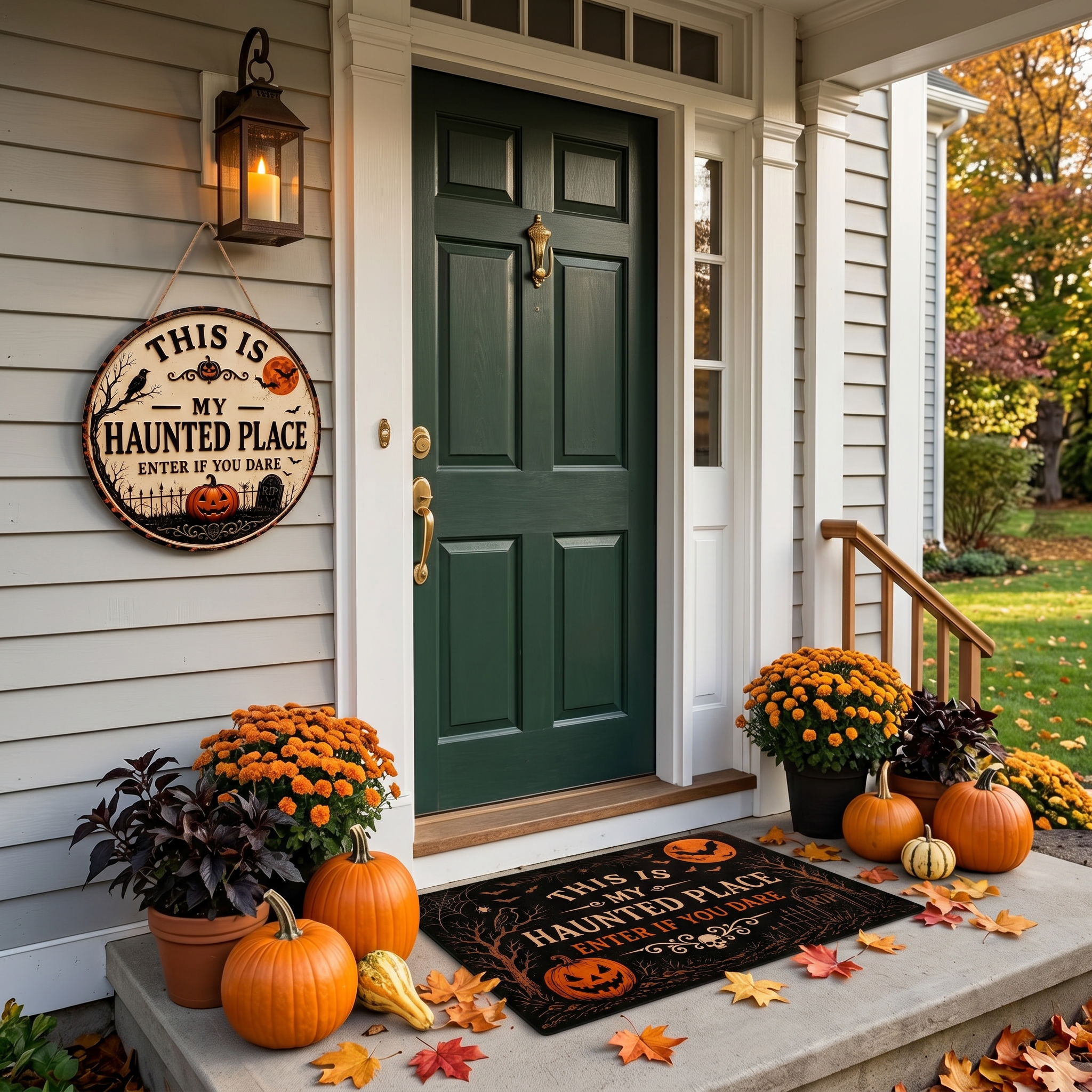 "This Is My Haunted Place" Round Hanging Sign & Cute Spooky Doormat