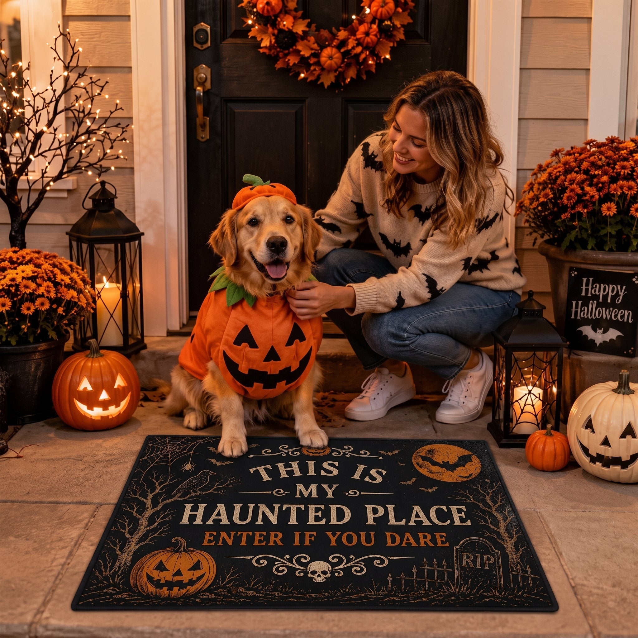 "This Is My Haunted Place" Round Hanging Sign & Cute Spooky Doormat