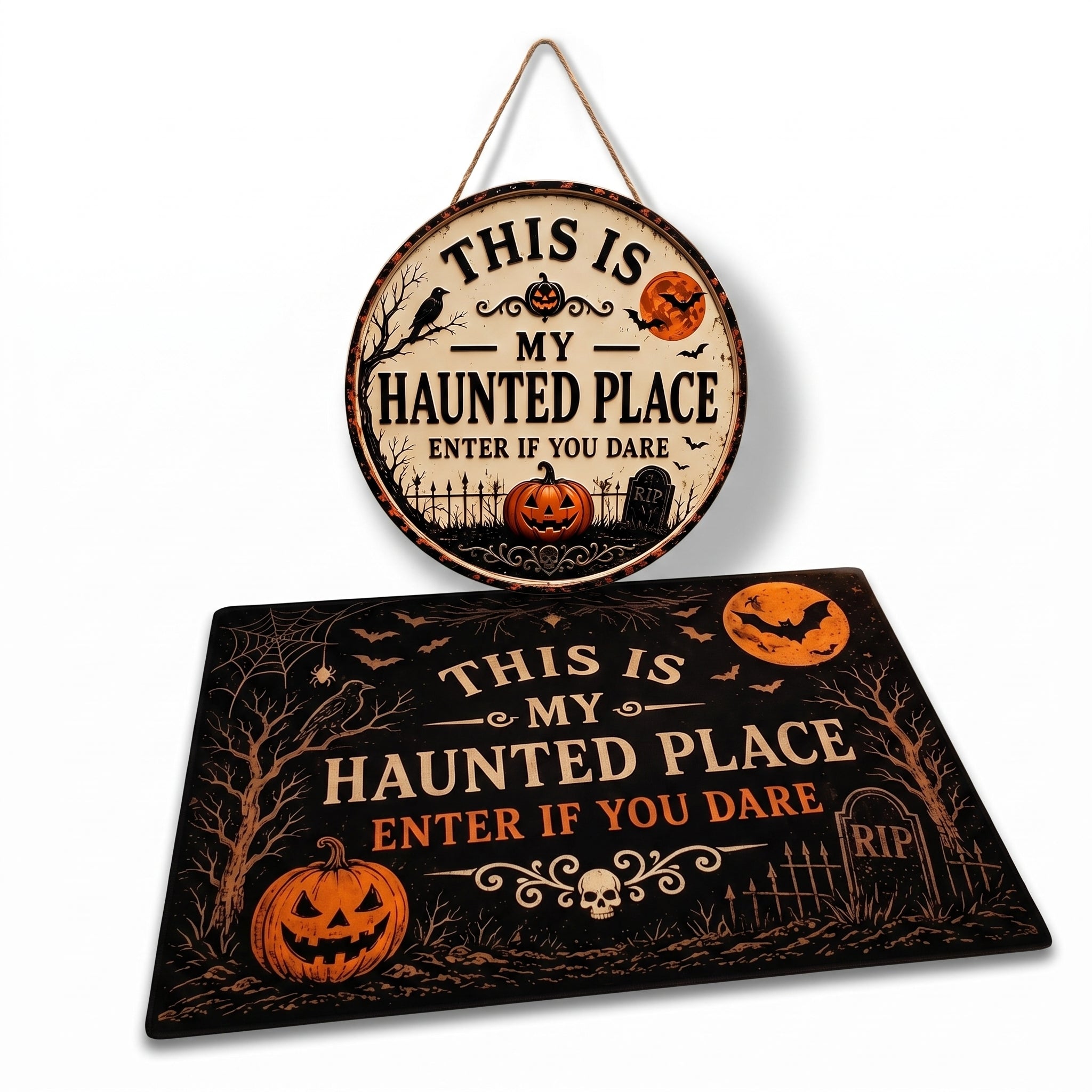 "This Is My Haunted Place" Round Hanging Sign & Cute Spooky Doormat