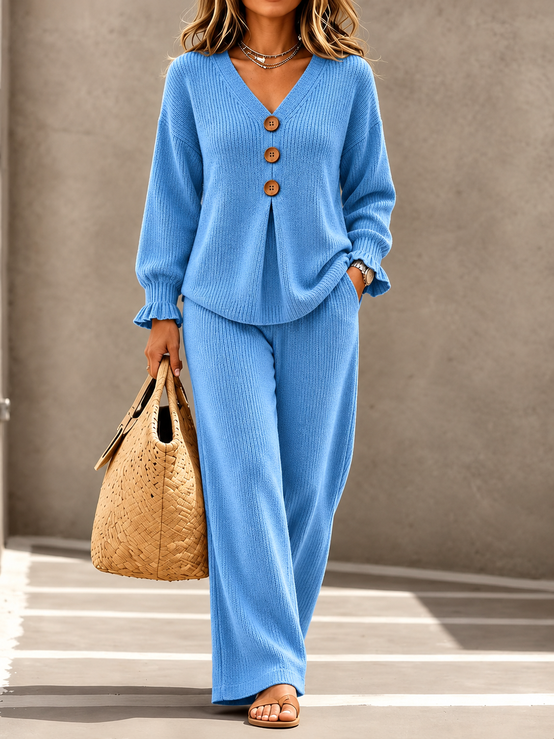 Women 2 Piece Knit Outfit Set, V-Neck Button Long Sleeve Ruffle Top & Wide Leg Pants Casual Loungewear
