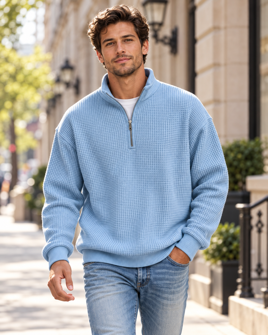 Men's wool waffle half-zip styled for a relaxed city walk