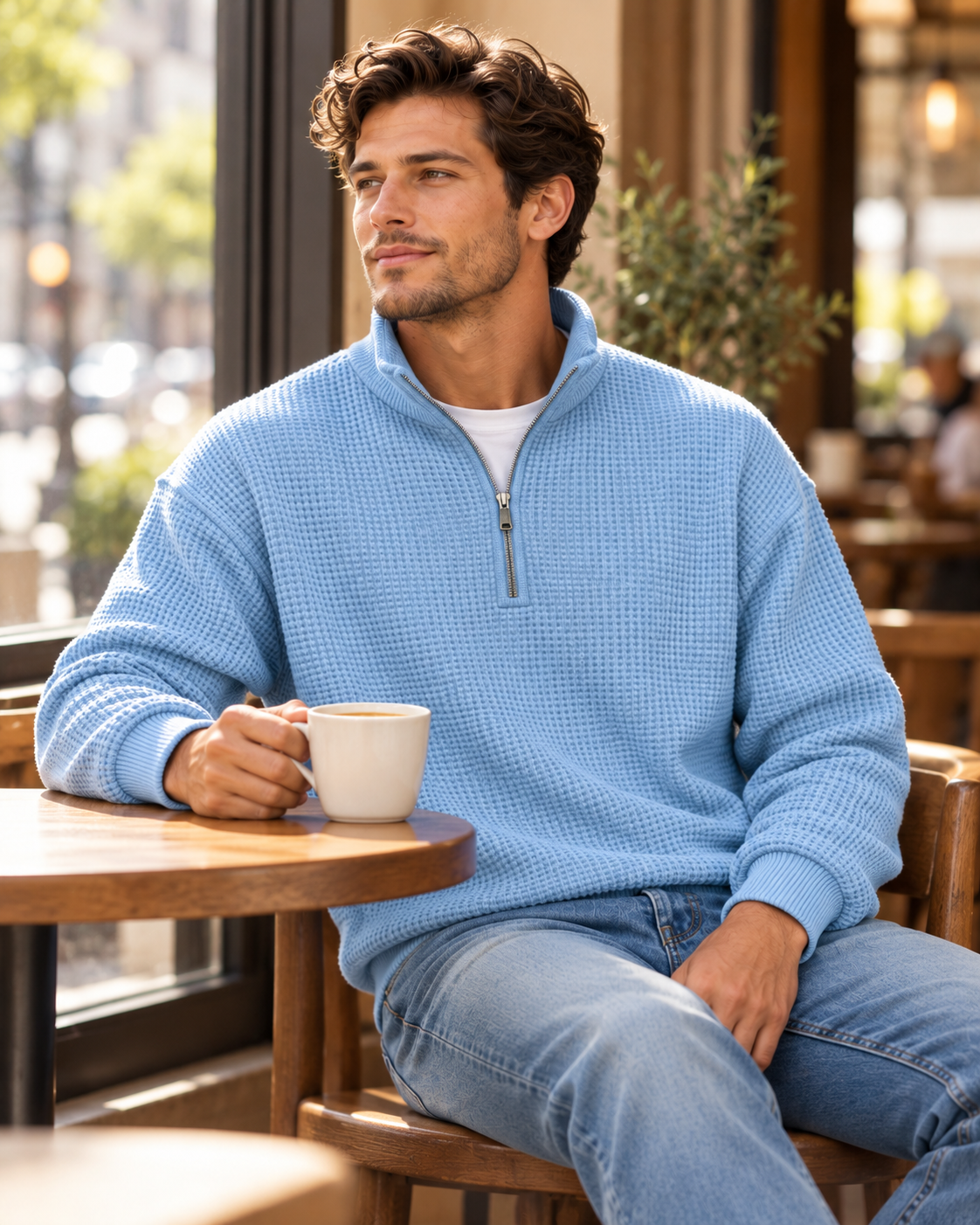Illustrative waffle-knit half-zip styling at a caf&eacute;