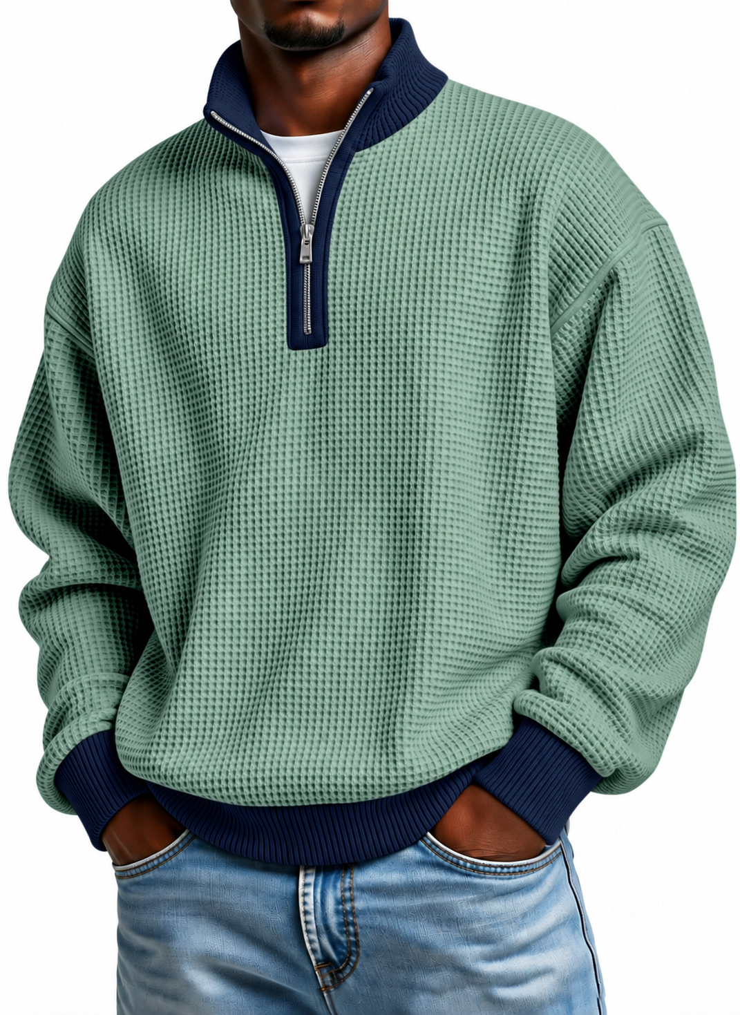 Men's Quarter Zip Pullover Sweater, Contrast Collar Long Sleeve Casual Knit Top