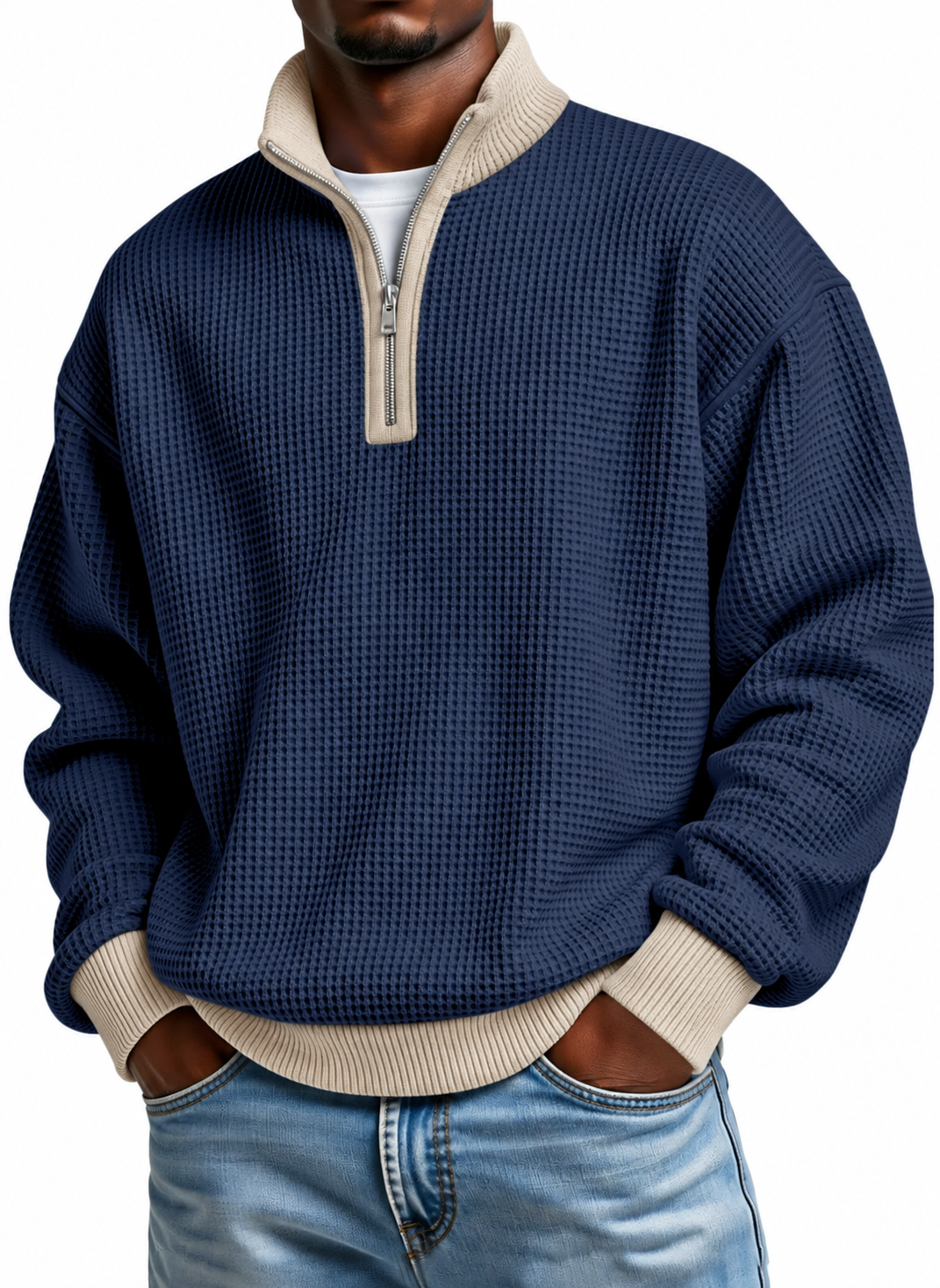 Men's Quarter Zip Pullover Sweater, Contrast Collar Long Sleeve Casual Knit Top