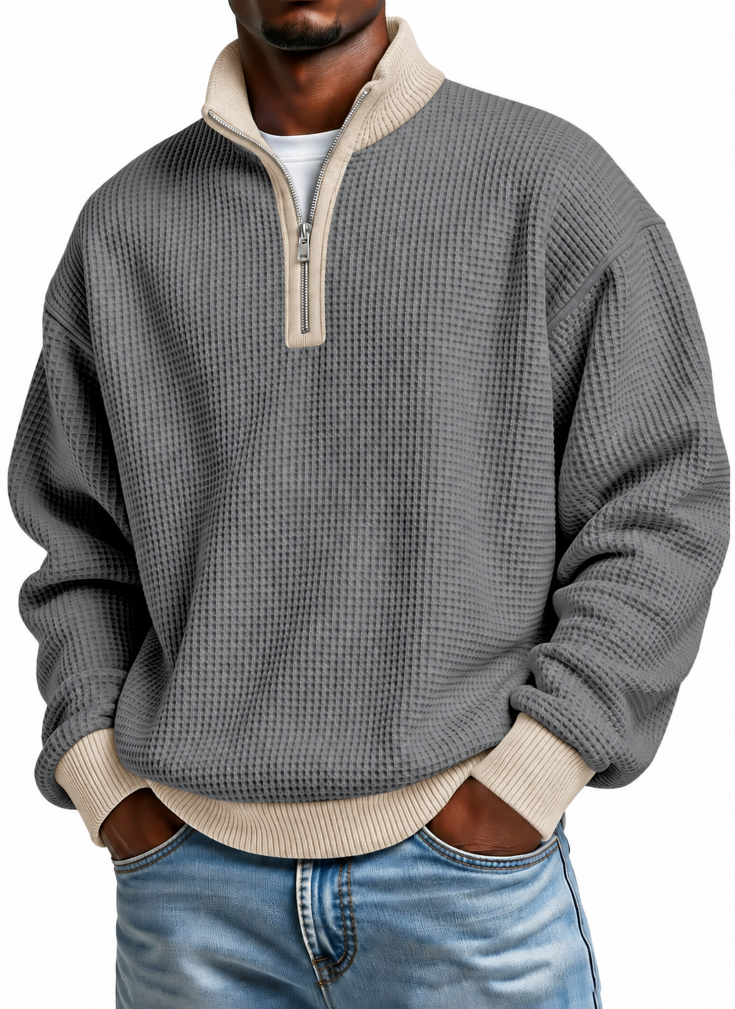 Men's Quarter Zip Pullover Sweater, Contrast Collar Long Sleeve Casual Knit Top