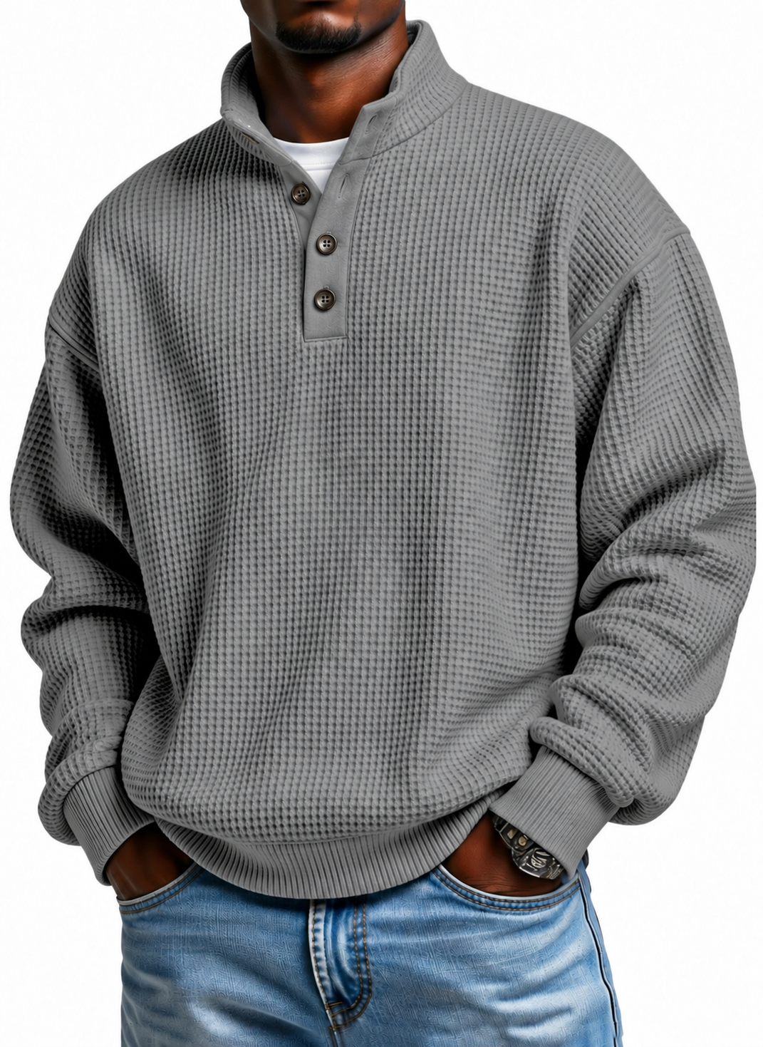 Men Henley Mock Neck Knit Sweater, Long Sleeve Button Casual Pullover