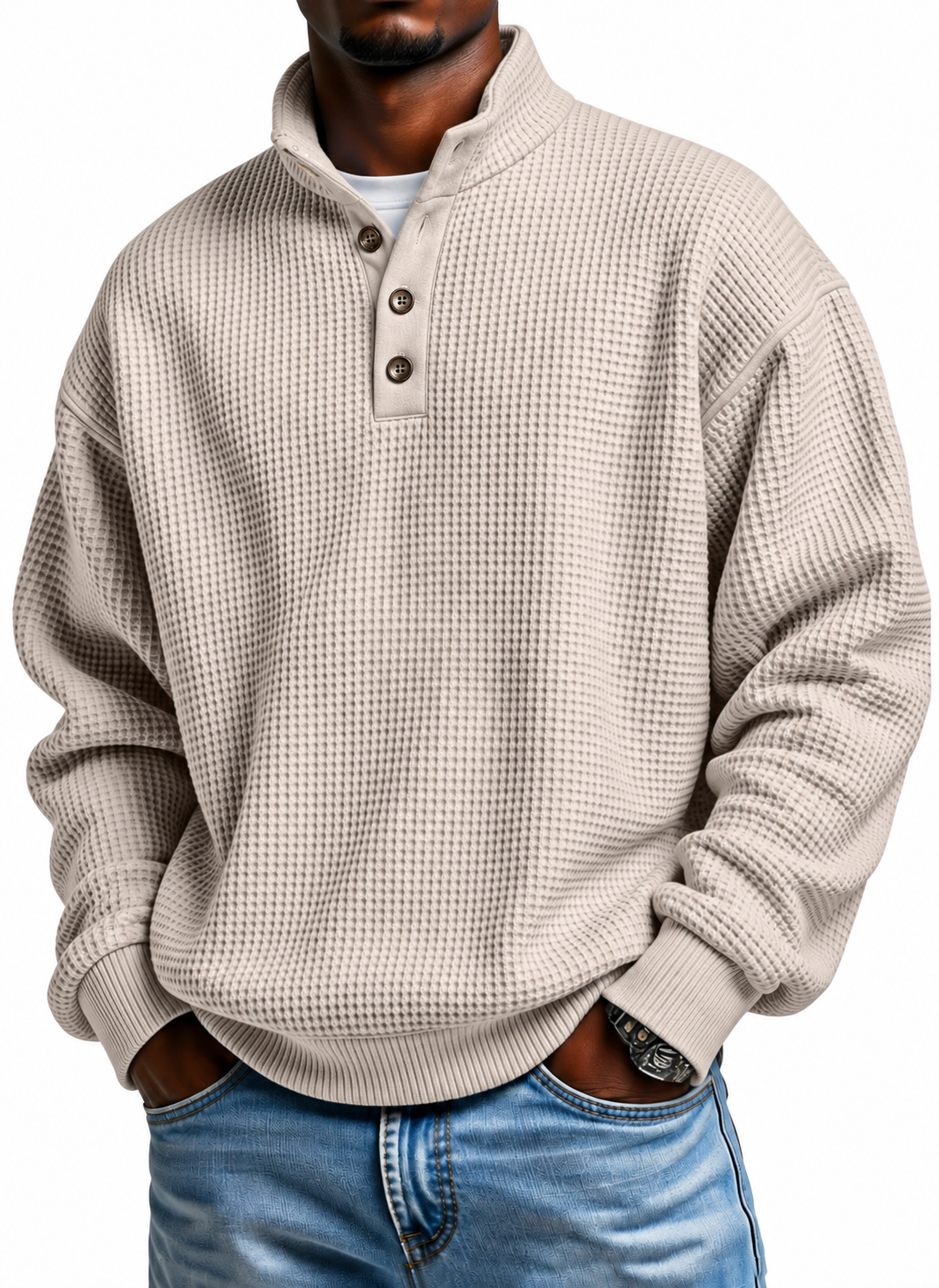 Men Henley Mock Neck Knit Sweater, Long Sleeve Button Casual Pullover