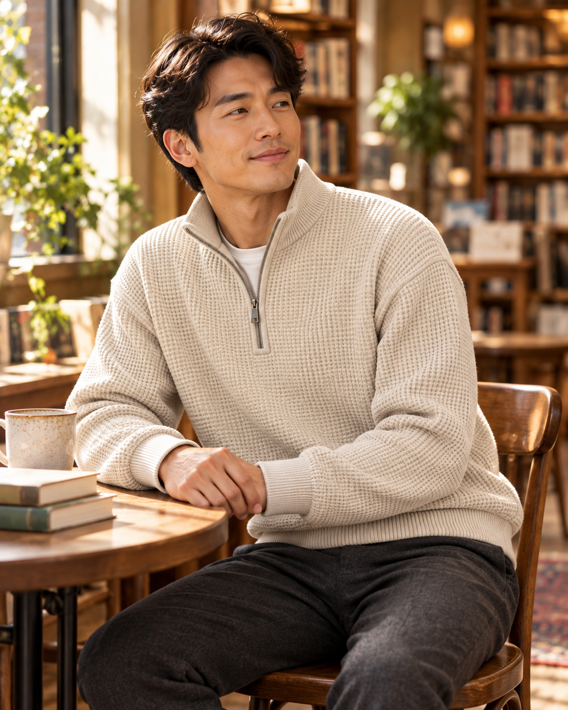 Illustrative beige waffle-knit half-zip look at a bookstore
