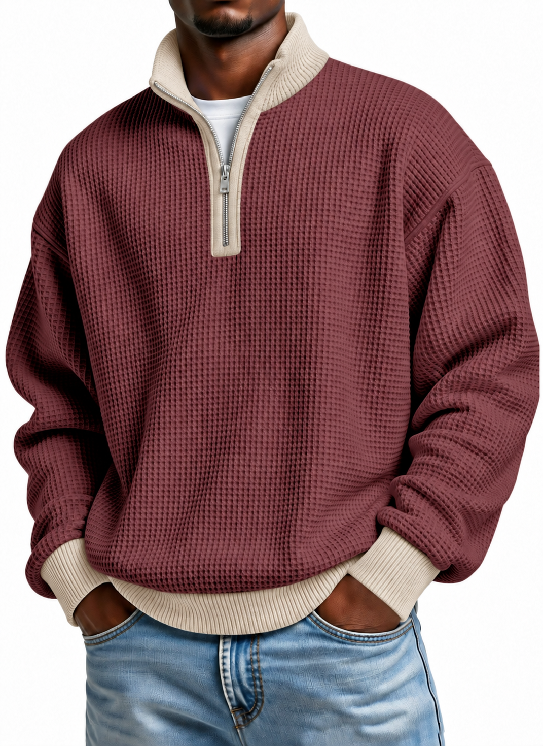 Men's Quarter Zip Pullover Sweater, Contrast Collar Long Sleeve Casual Knit Top