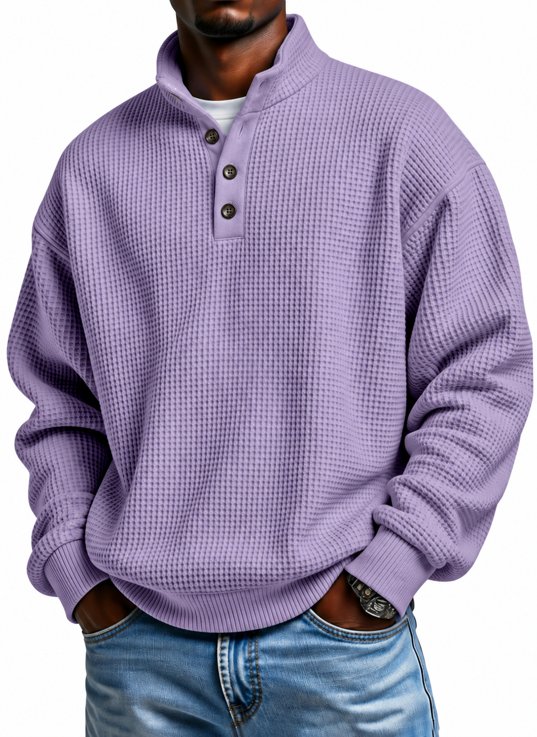 Men Henley Mock Neck Knit Sweater, Long Sleeve Button Casual Pullover