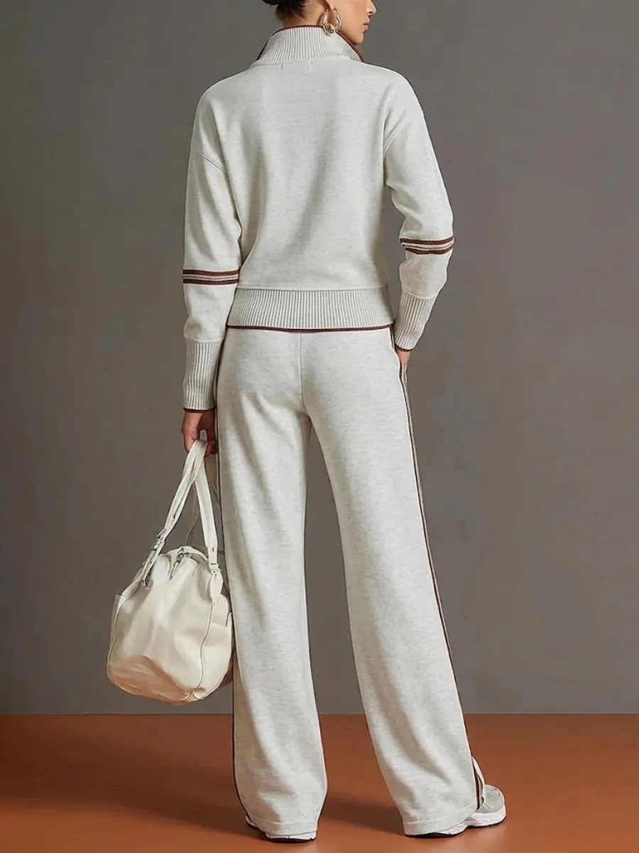 Women's Casual Two-piece Set Featuring A Half-zip Cotton Sweatshirt And Pants With Color-block Piping