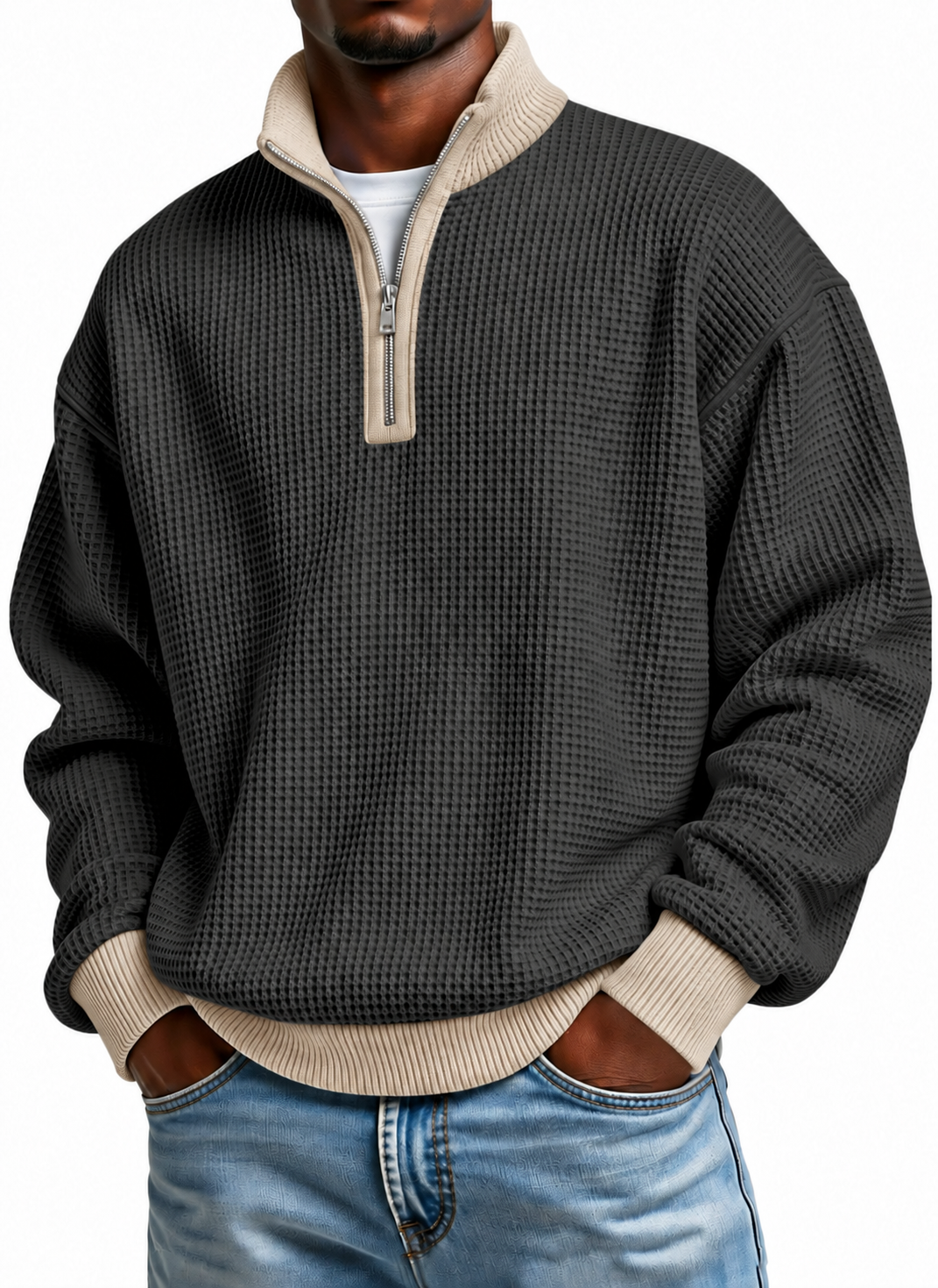 Men's Quarter Zip Pullover Sweater, Contrast Collar Long Sleeve Casual Knit Top
