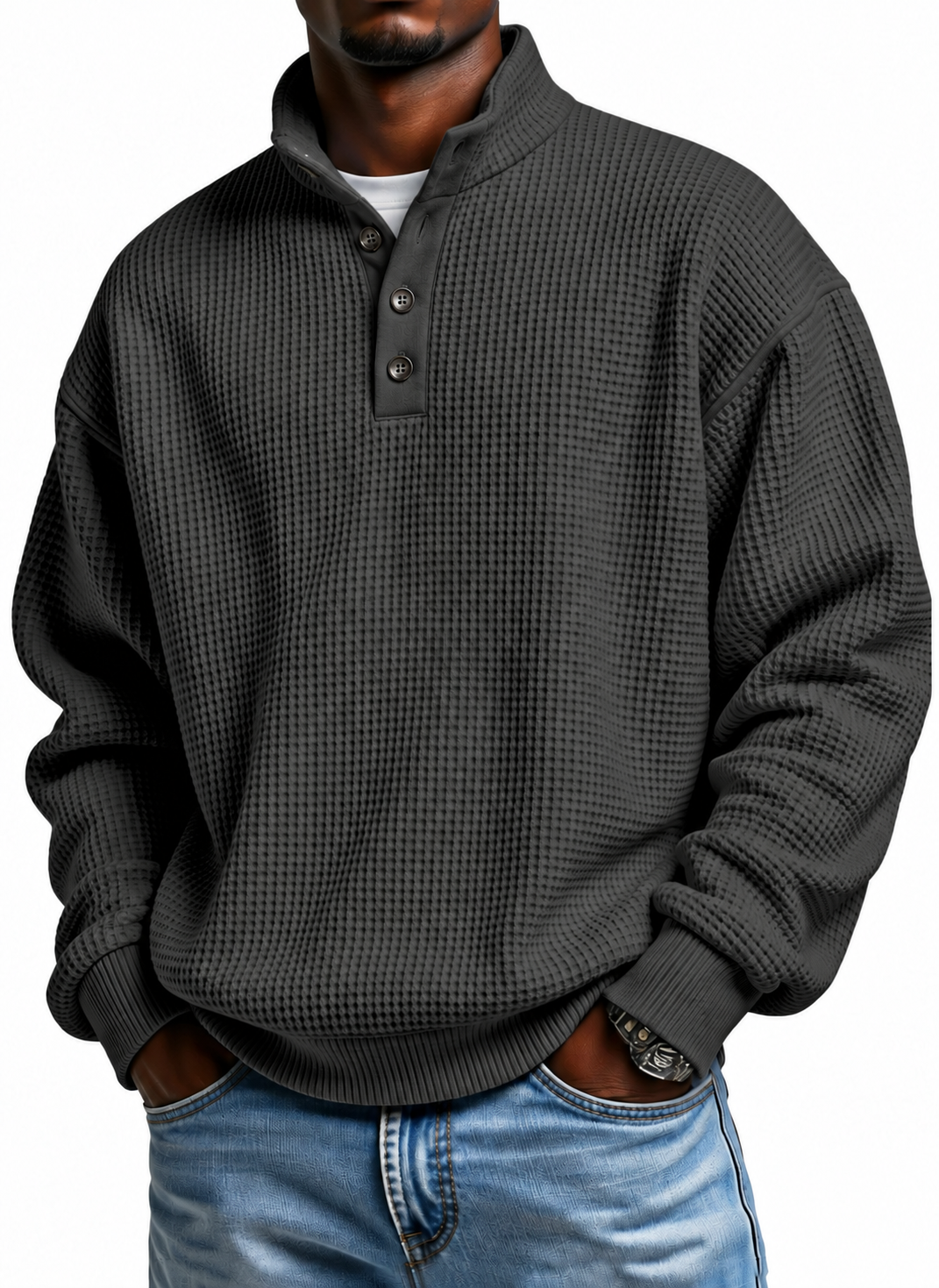 Men Henley Mock Neck Knit Sweater, Long Sleeve Button Casual Pullover