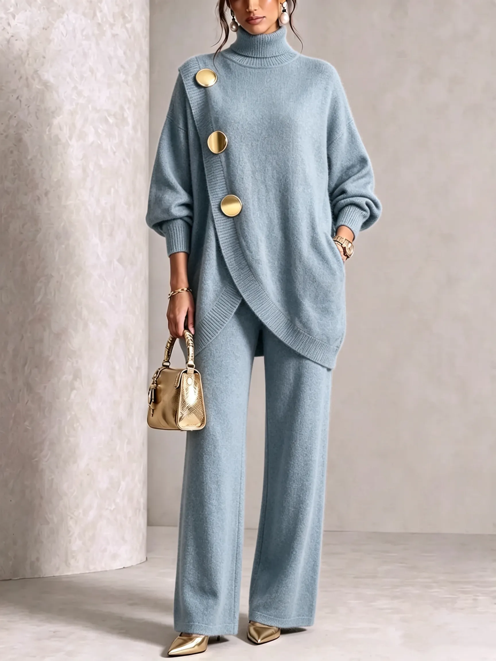 Gold-Button Asymmetric Knit Lounge Set