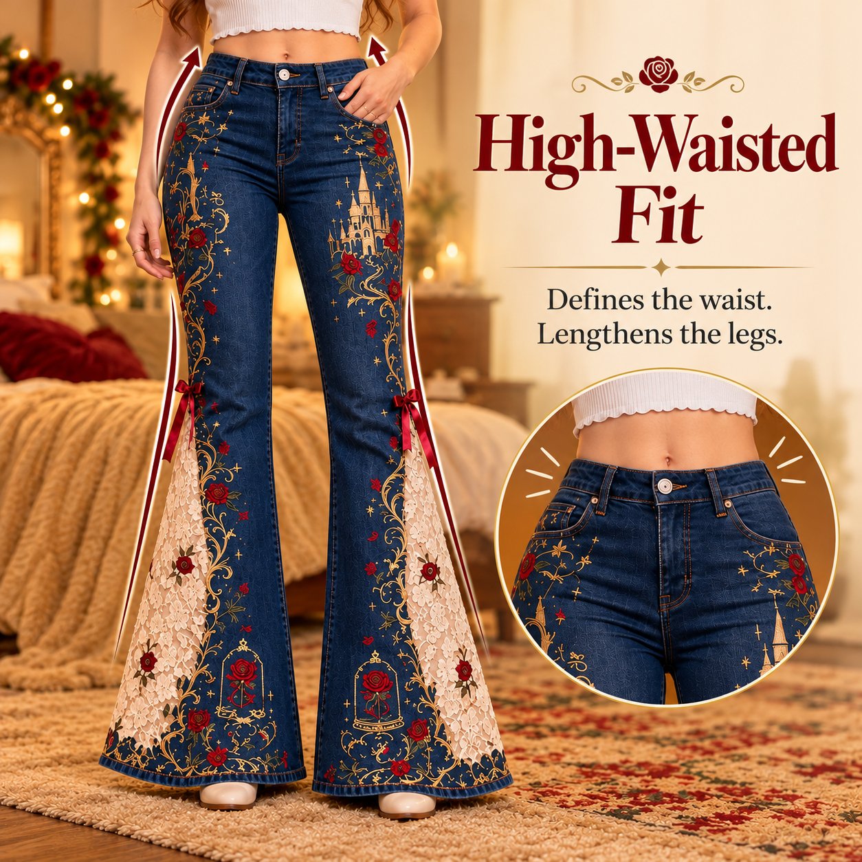 High-waisted fit of vintage embroidered flare jeans