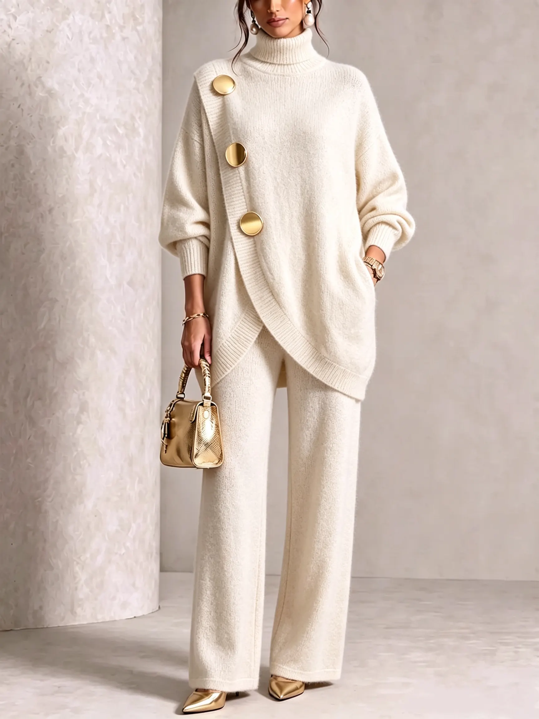 Gold-Button Asymmetric Knit Lounge Set