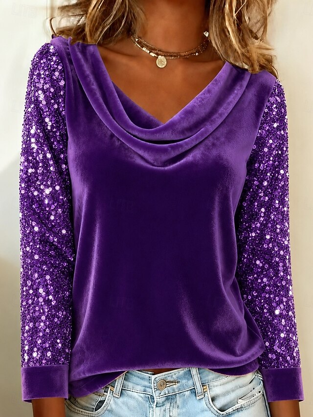 Women Cowl Neck Velvet Blouse, Sparkle Sequin Long Sleeve Elegant Party Top for Evening Night Out