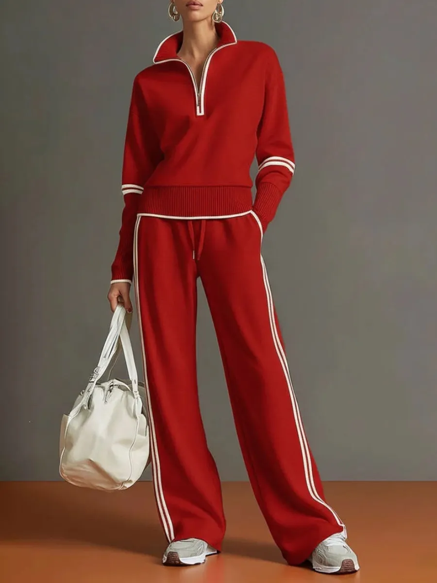 Women's Casual Two-piece Set Featuring A Half-zip Cotton Sweatshirt And Pants With Color-block Piping