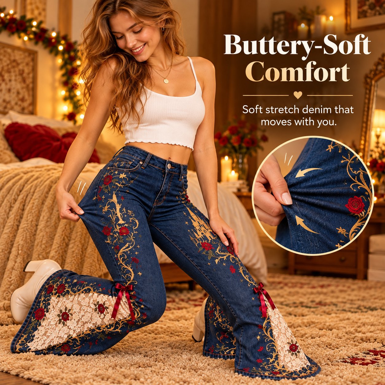 Stretch denim construction of embroidered flare jeans
