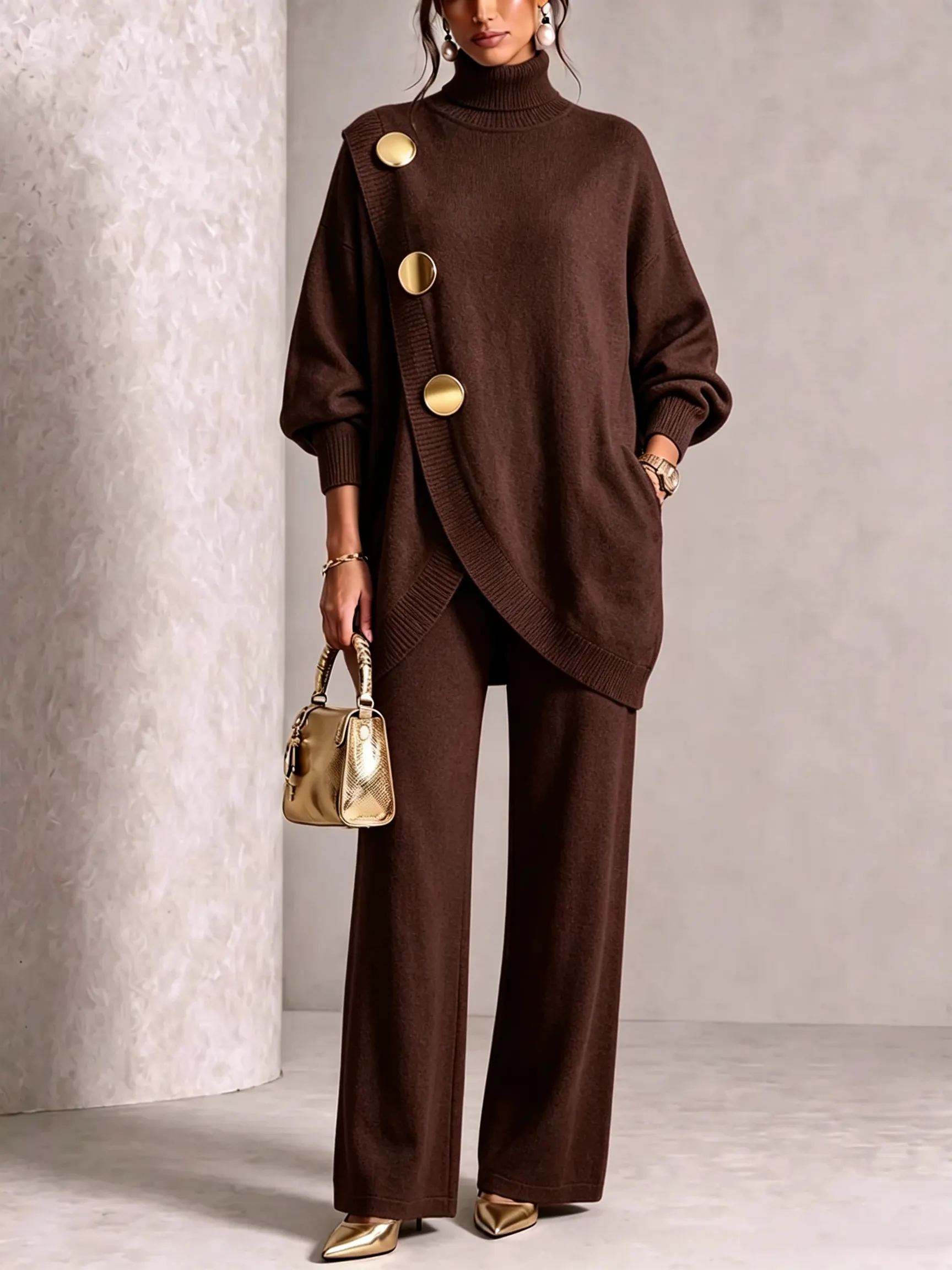 Gold-Button Asymmetric Knit Lounge Set