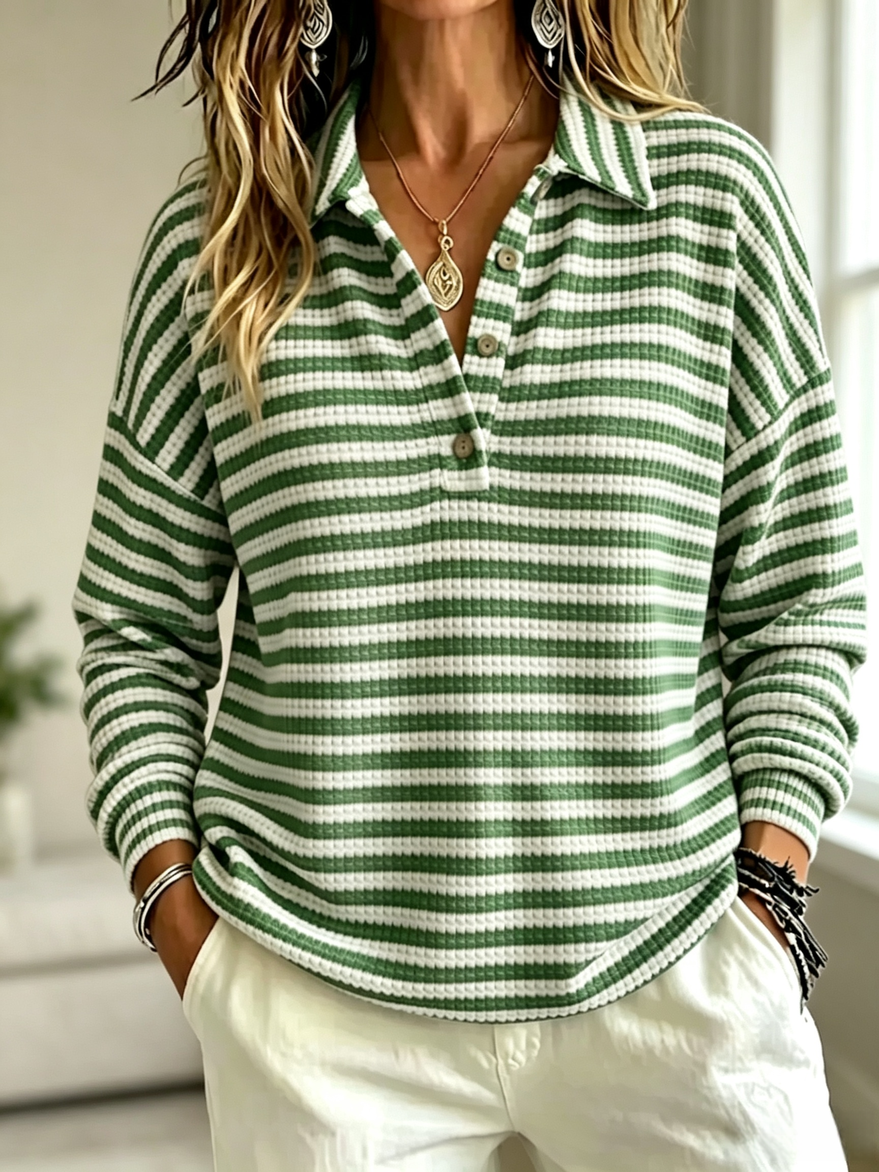 Women'S Fashion Striped Waffle Long-Sleeved Polo Shirt