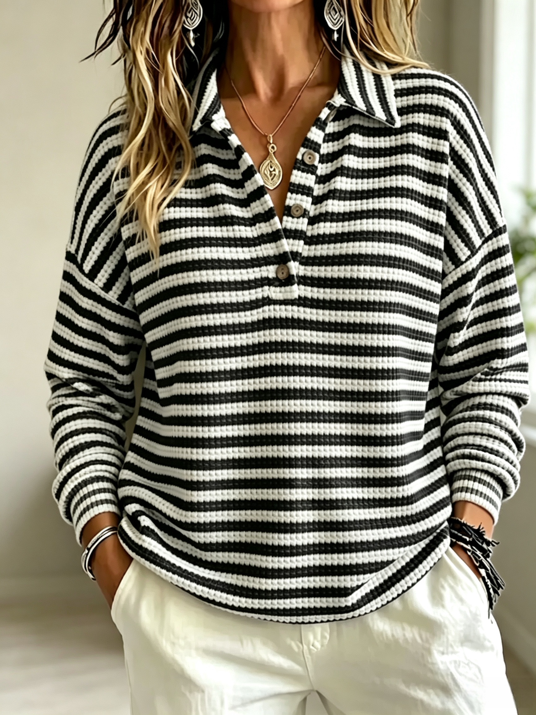 Women'S Fashion Striped Waffle Long-Sleeved Polo Shirt