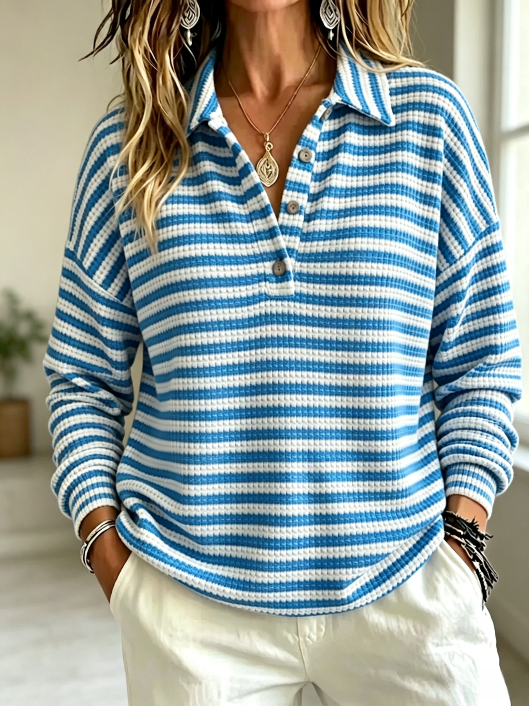 Women'S Fashion Striped Waffle Long-Sleeved Polo Shirt